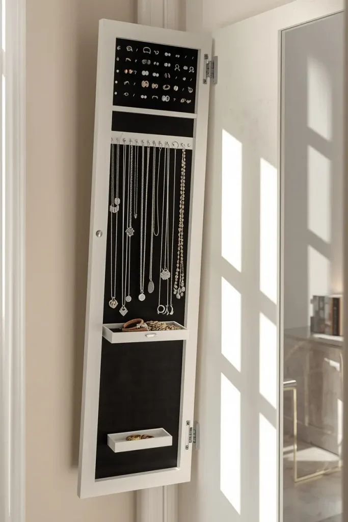 White wooden jewelry cabinet opened to show earrings, rows of hanging necklaces, and small trays of bracelets and rings on a black lining