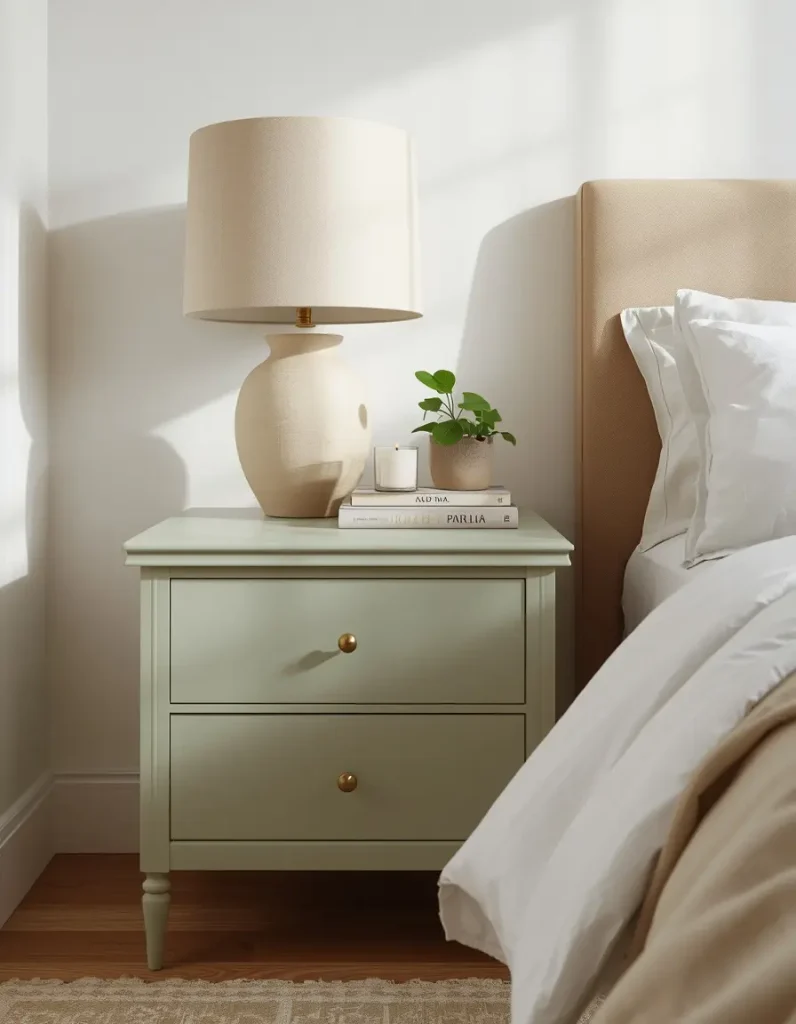 Sage green painted nightstand with brass knobs, ceramic lamp, small plant and candle beside a white linen bed