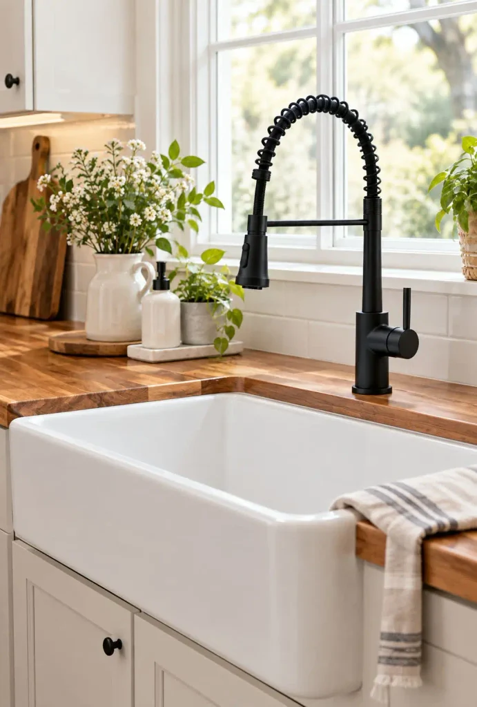 Matte black pull-down kitchen faucet over a white farmhouse sink with a wood countertop