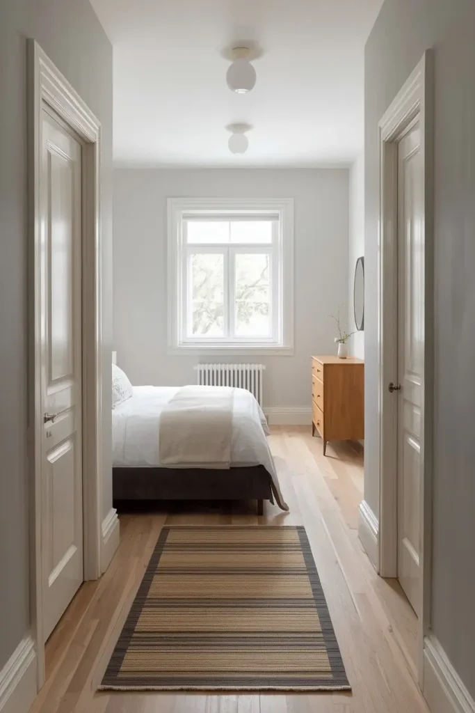 Long narrow bedroom with the bed at the far end, soft gray walls and a striped runner rug