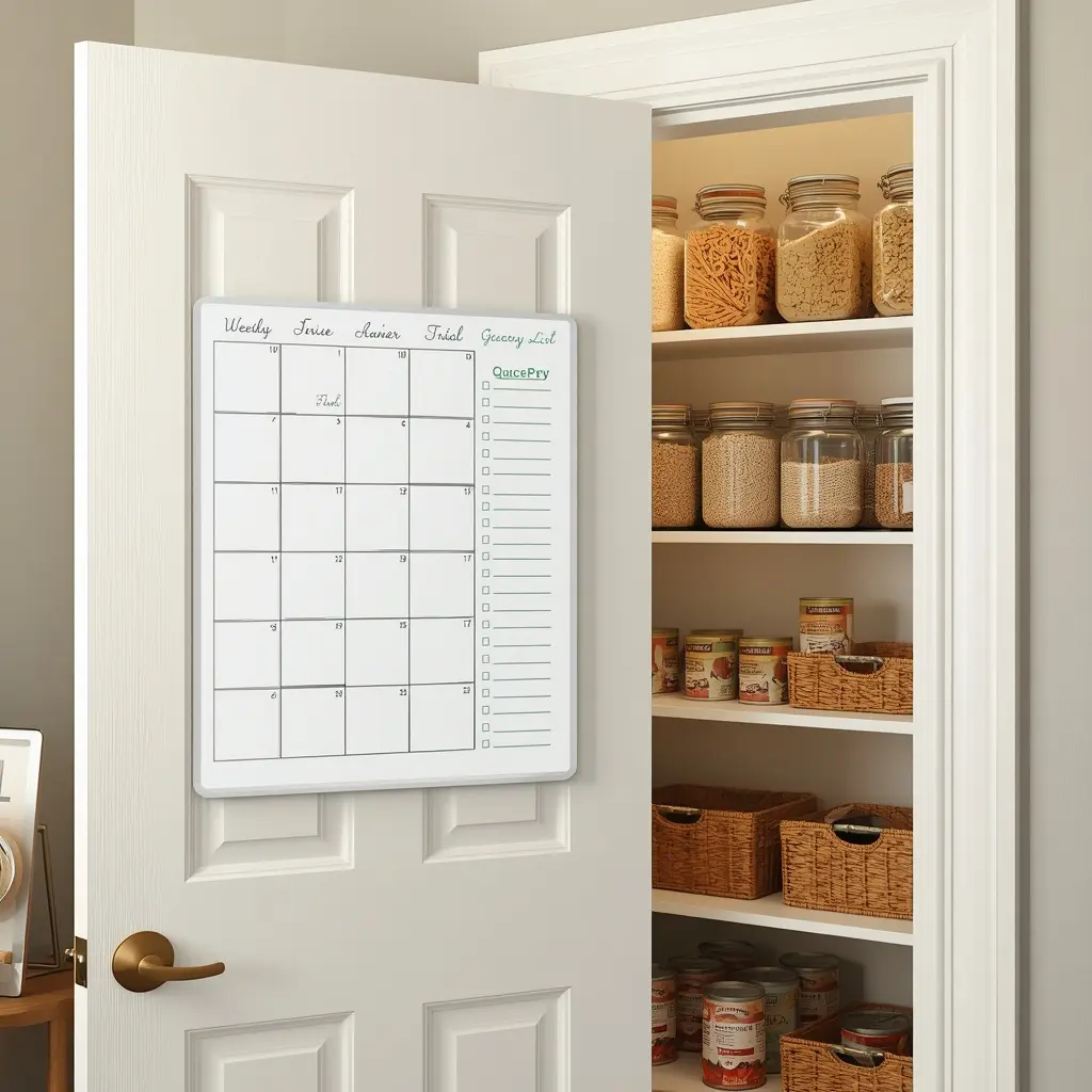 Weekly planner with a grocery checklist column mounted on a white pantry door beside shelves of glass jars