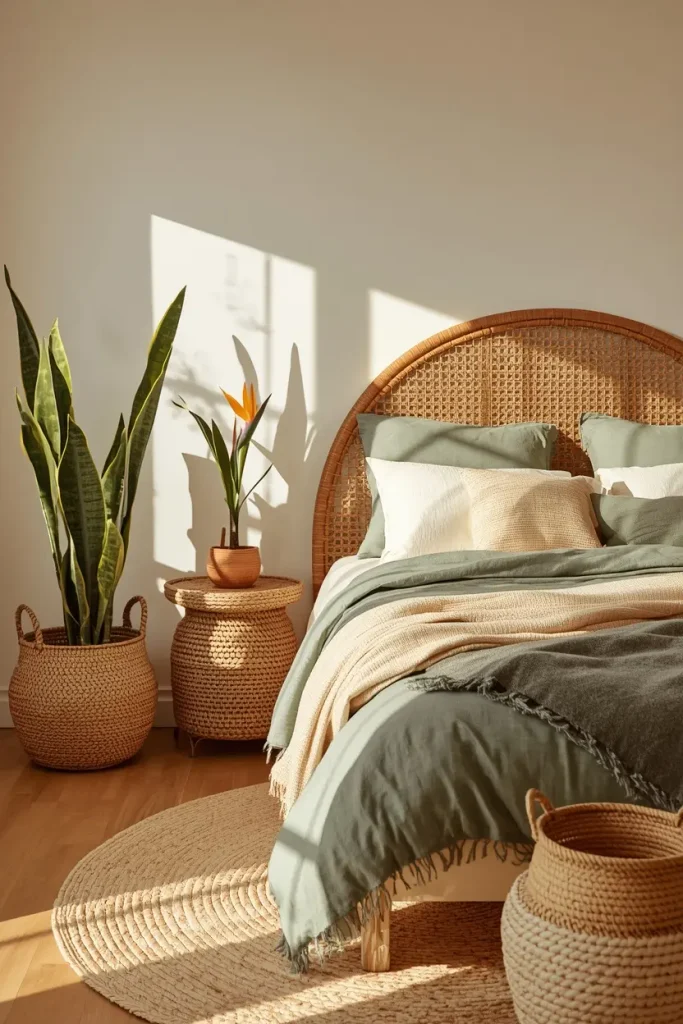 Boho bedroom with a rattan headboard framed by a snake plant and bird of paradise