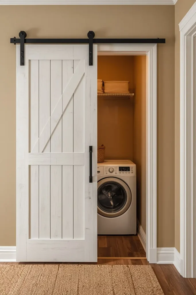 White painted sliding barn door on a black rail partly open to show a front loading washer and wire shelf inside a small laundry closet