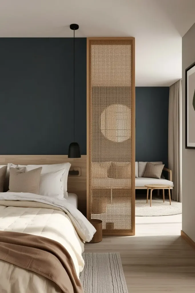 Studio sleeping area with a navy accent wall, cream bedding and a rattan room divider