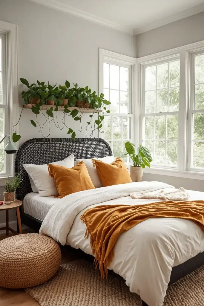 Black woven rattan headboard with mustard pillows and cream bedding in a bright sunroom bedroom