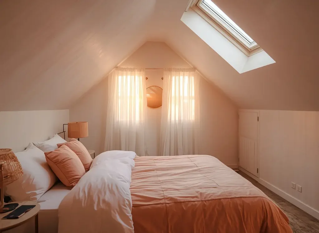 Attic bedroom with peach and blush bedding, sheer curtains and skylight at sunset