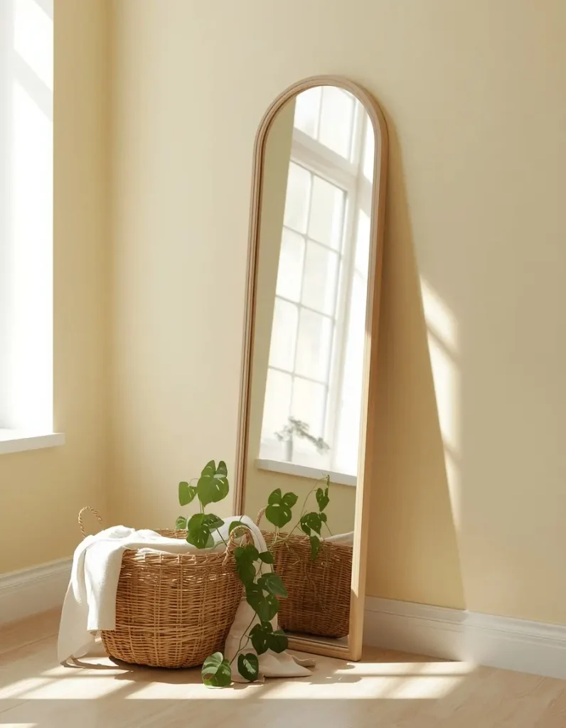 Tall arched wood-framed mirror leaning against a butter yellow bedroom wall beside a rattan basket and trailing plant