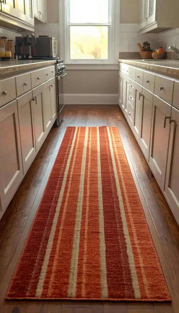 Rust and oatmeal striped runner rug on the floor of a narrow galley kitchen