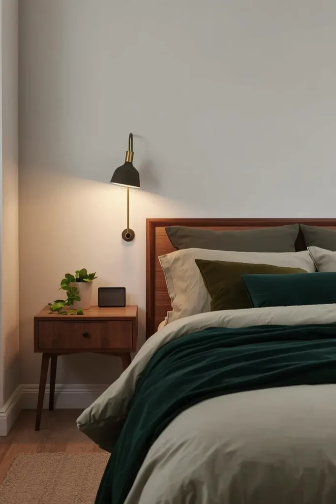 Modern bedroom with layered sage, olive and forest green bedding on a walnut bed frame
