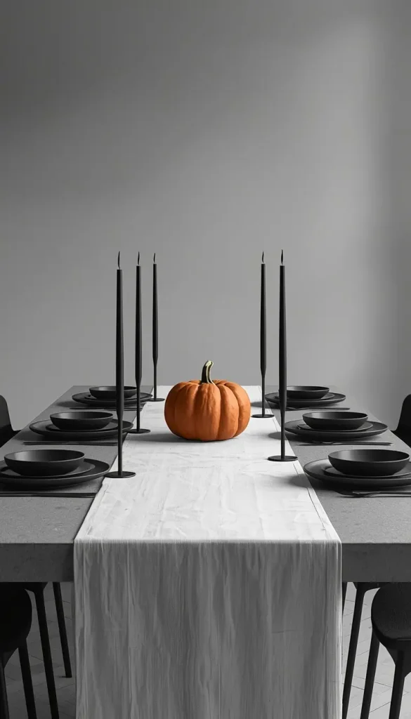 Minimalist dining table with black plates, white linen and a single burnt orange pumpkin