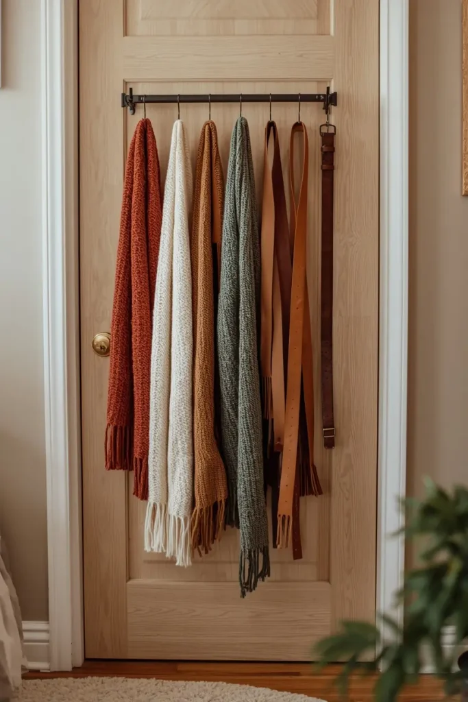 Black metal hook rail on a light wood door holding rust, cream, camel, and sage knit scarves and three leather belts