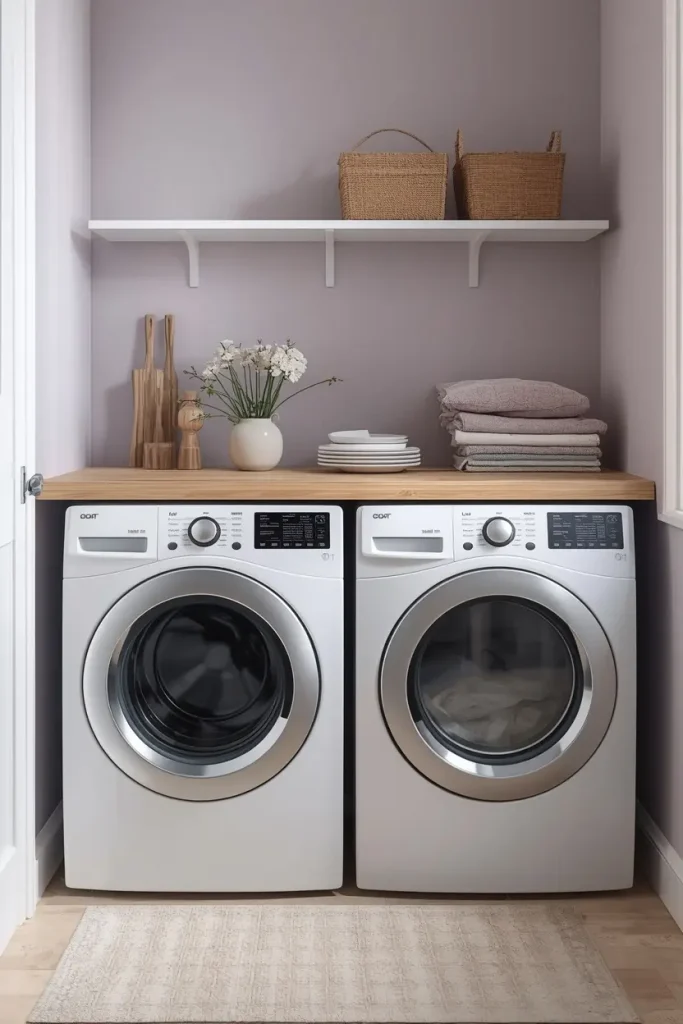 Wood counter across a front loading washer and dryer with folded towels and white flowers, a white shelf with woven baskets above, and soft lilac walls