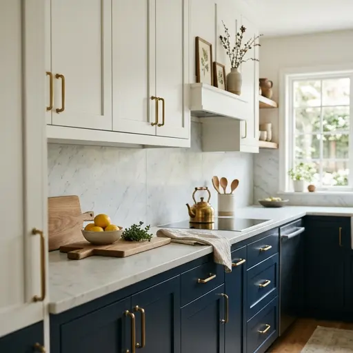 Kitchen with white upper cabinets, navy blue lower cabinets, brass handles, and a light countertop
