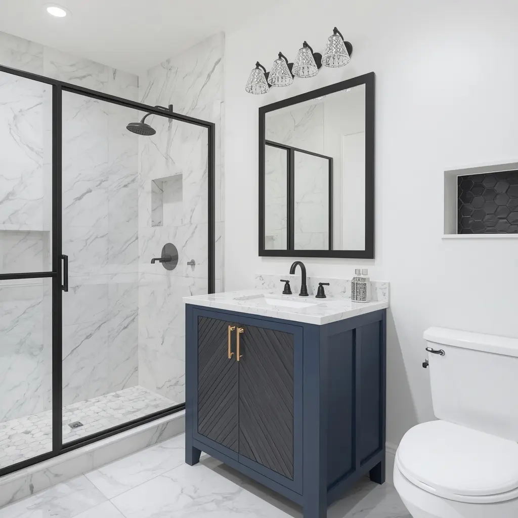 Navy chevron vanity with gold pulls under a black framed mirror and a crystal glass vanity light bar