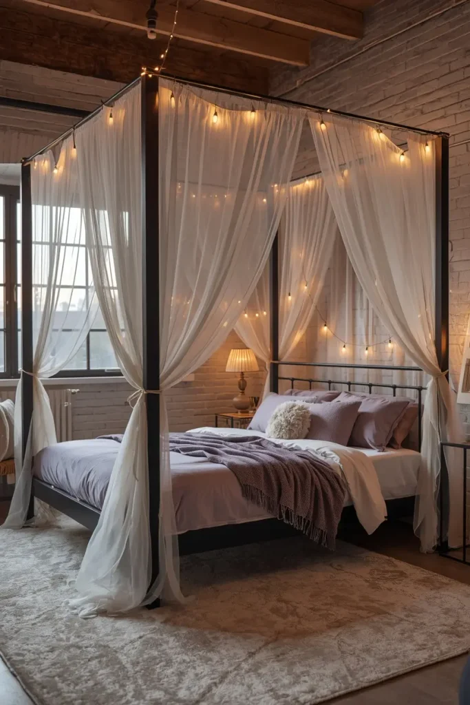 Black canopy bed with sheer white drapes and lavender bedding in a romantic loft bedroom