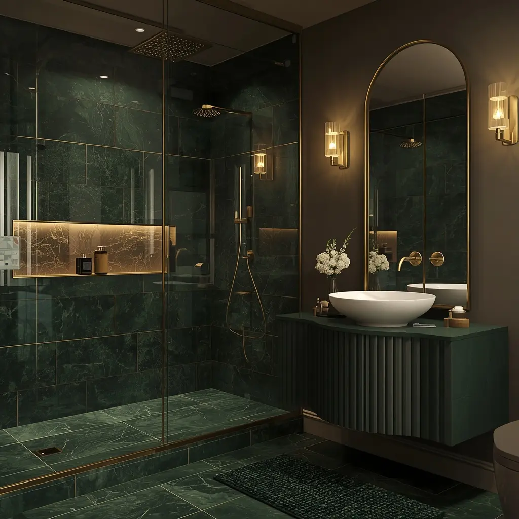 Deep green marble look porcelain shower with brass fixtures, a lit niche, and a dark green fluted vanity