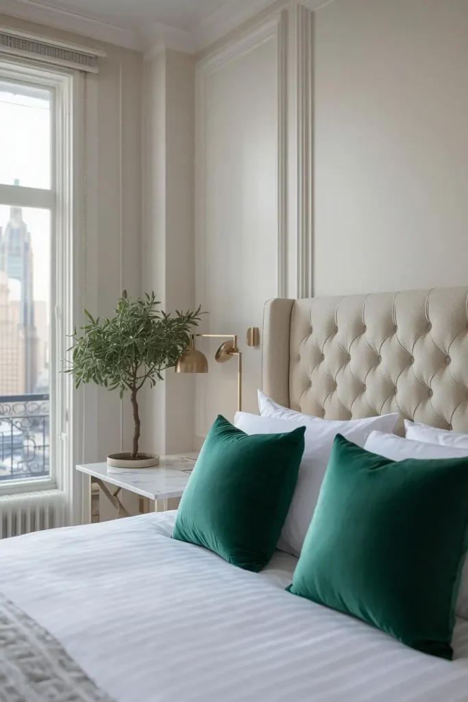 City apartment bedroom with emerald velvet pillows on an ivory bouclé headboard and a small olive tree