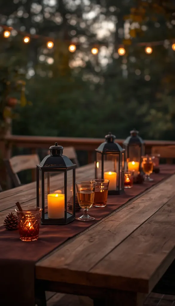 Patio dining table at dusk with a brown runner, amber lanterns, cider glasses and string lights