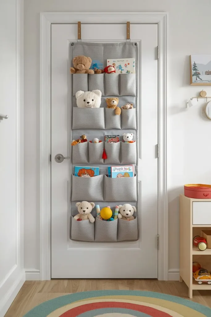  Grey fabric over the door organizer with pockets holding teddy bears, picture books, and small toys on a white kids' room door above a rainbow rug