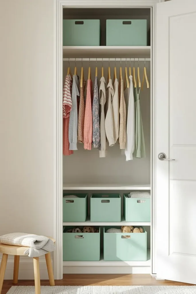 Low kid-height rod with small outfits, mint bins and yellow hangers in a family closet