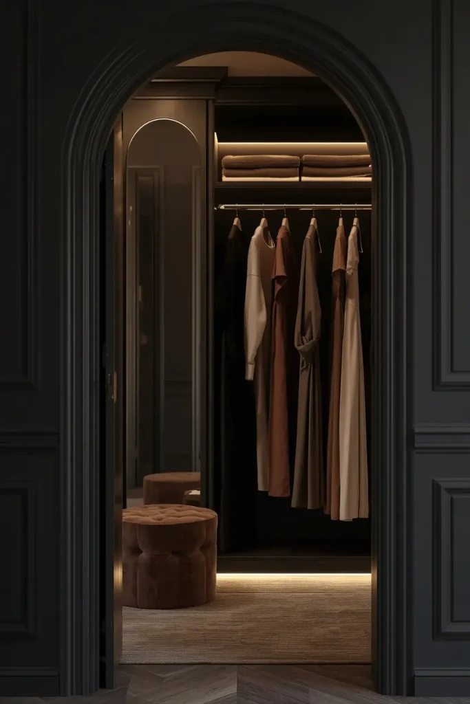 Arched mirror and warm LED shelf lighting in a charcoal dressing nook closet with brass rail