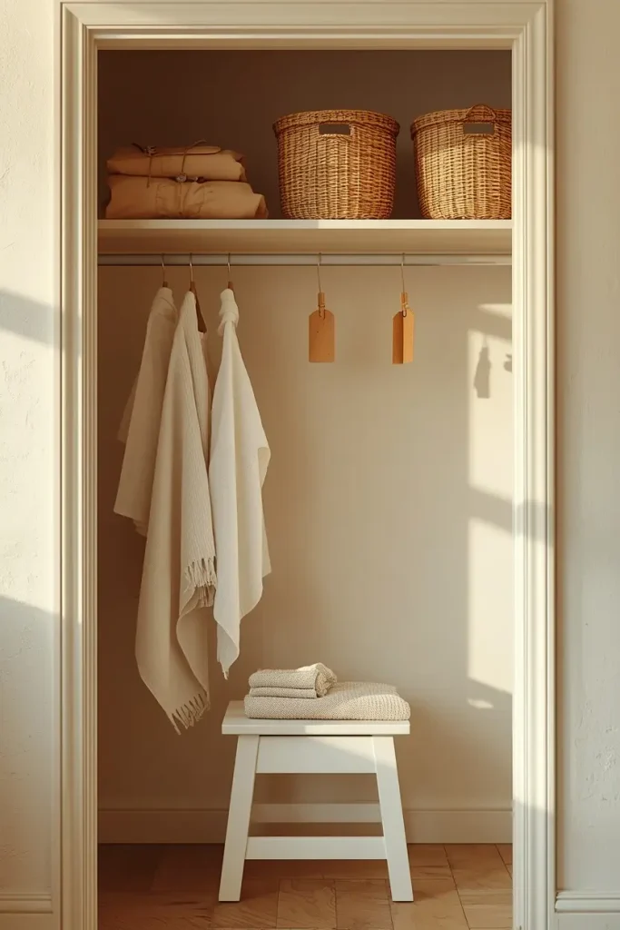 Rattan baskets with terracotta tags on a top closet shelf above a white step stool