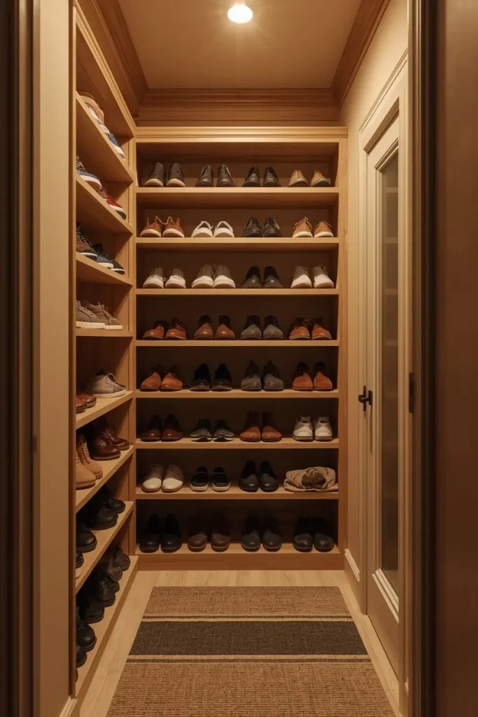 Angled light oak shoe shelves with neatly displayed shoes in a beige hallway closet
