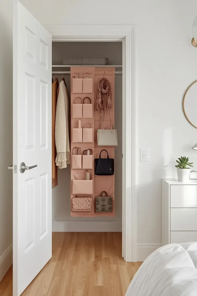 Blush pink over-the-door organizer holding scarves, belts and small bags on a white closet door