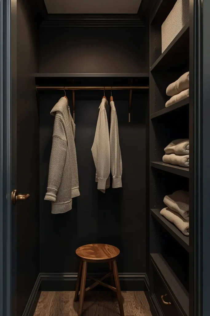 L-shaped closet layout with navy walls, brass hooks and folded cream sweaters