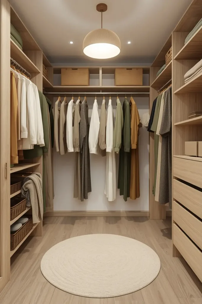 Clothes sorted by color on slim sage green velvet hangers in a walk-in closet