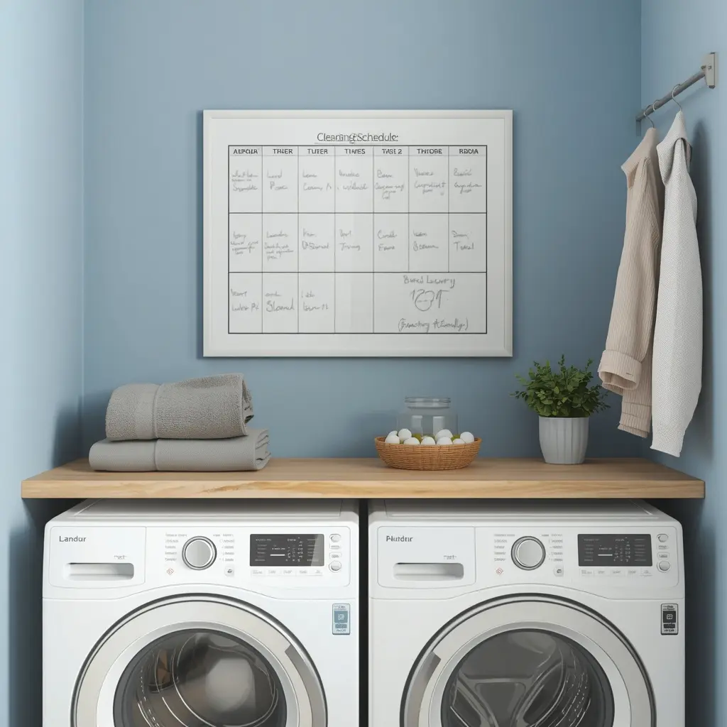 White framed weekly cleaning schedule on a soft blue laundry room wall above a washer, dryer, and wood counter