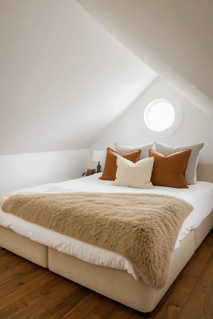 Attic bed layered with espresso, camel and tan pillows and a latte faux fur throw under a sloped white ceiling