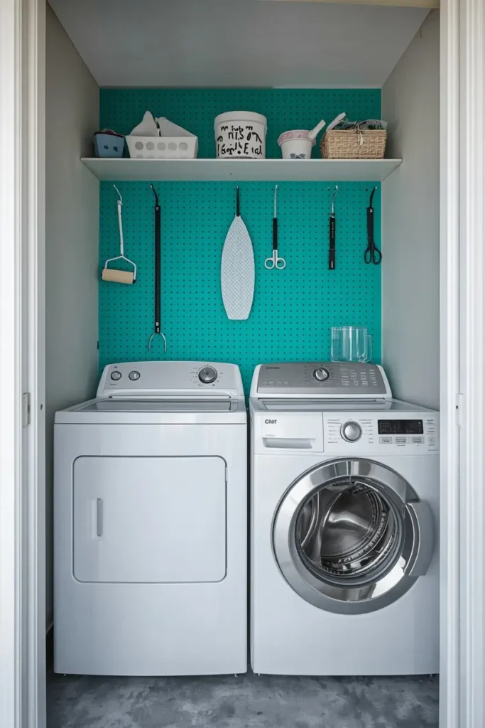 Turquoise pegboard wall with hooks holding a lint roller, ironing tools, scissors, and brushes above a white washer and dryer in a laundry closet