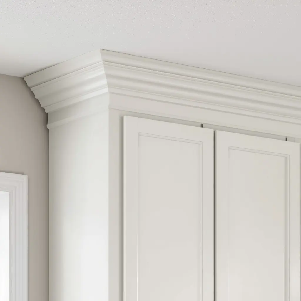 Crown molding on top of white kitchen cabinets reaching the ceiling