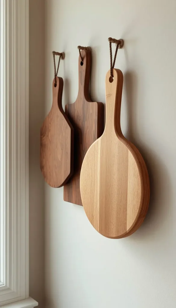 Walnut and maple cutting boards of different shapes hanging on a pale wall beside a kitchen window