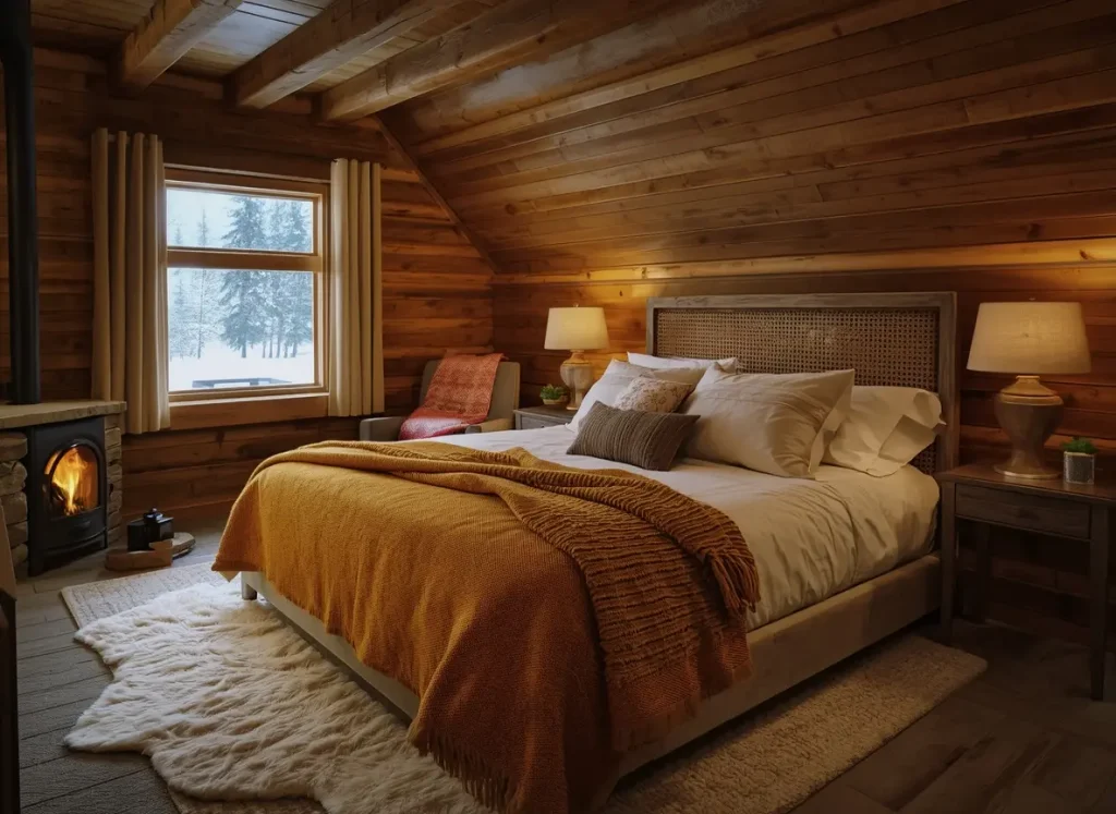 Cabin bedroom with mustard wool blanket, sheepskin rug and a glowing stone fireplace