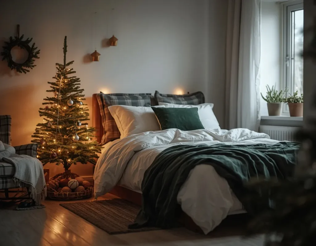 Small lit Christmas tree in the corner of a bedroom beside a bed with white bedding, a dark green throw, and plaid pillows