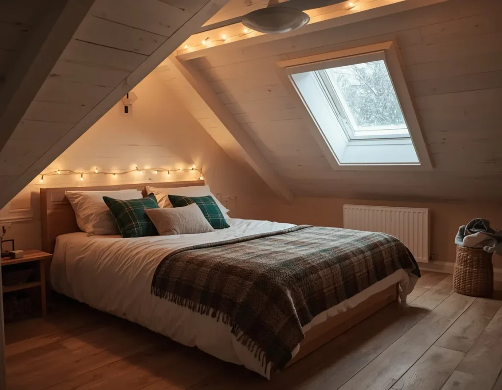 Attic bedroom with a sloped wood ceiling, a skylight showing snow, string lights over the bed, green plaid pillows, and a plaid wool throw