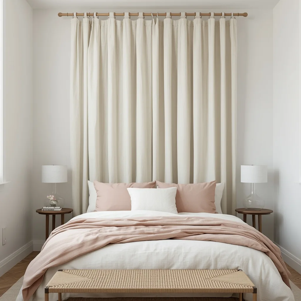  Ivory linen curtain panels hanging from a wooden rod behind a bed with blush and white pillows and a woven bench at the foot