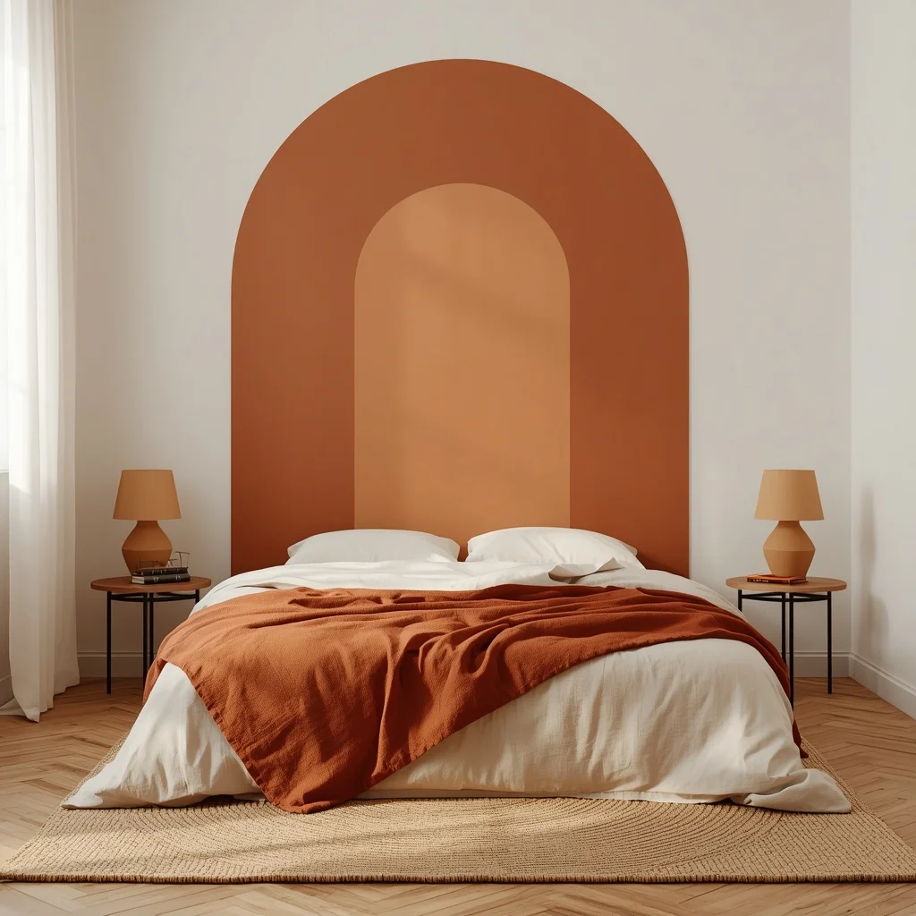 Terracotta painted arch with a lighter peach inner arch on a white wall behind a bed with white bedding and a rust throw