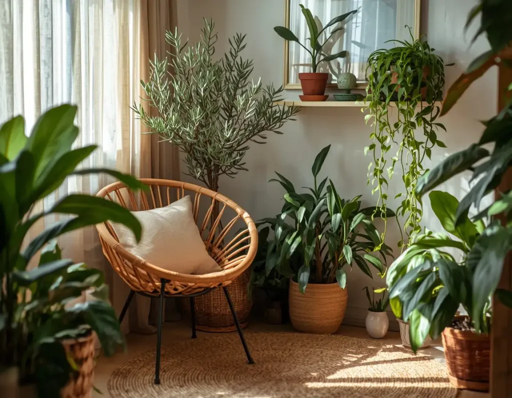 Rattan bowl chair with a cream cushion beside an olive tree, trailing pothos on a shelf, and potted plants in woven baskets