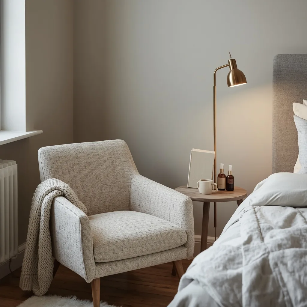 Oatmeal tweed armchair with a chunky knit throw beside a round wooden side table and a brass floor lamp in a bedroom corner