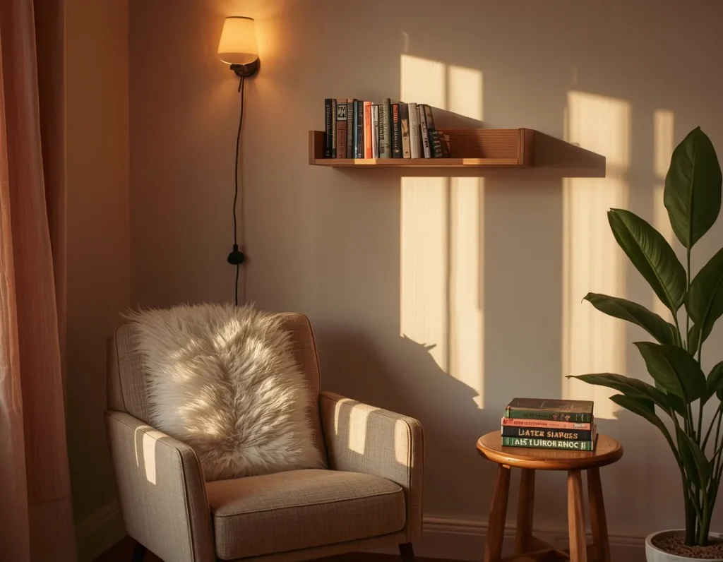 Tweed armchair with a white faux sheepskin under a plug-in wall sconce and a floating wooden bookshelf, with a tall plant in golden light