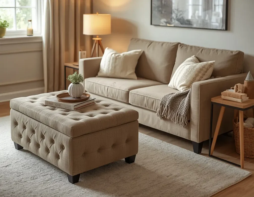 Tufted beige storage ottoman used as a coffee table with a tray, books, and a small plant in front of a beige sofa with a knit throw