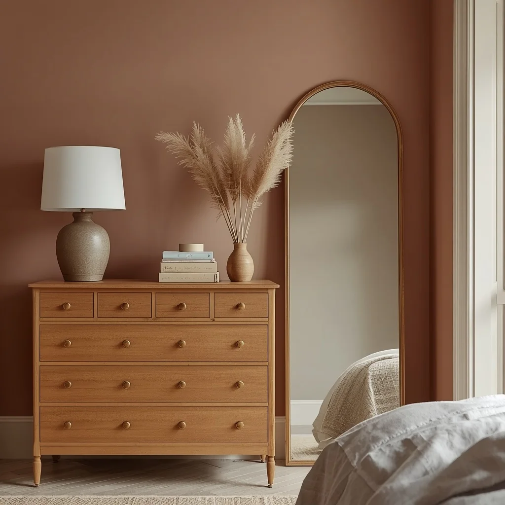 Honey oak dresser with round knobs against a clay pink wall, a stone ceramic lamp, pampas grass, and a tall arched oak floor mirror