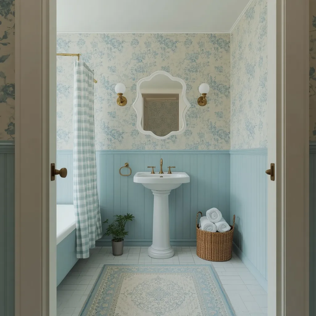 Cream and blue floral wallpaper above baby blue beadboard with a white scalloped mirror, brass globe sconces, and a white pedestal sink