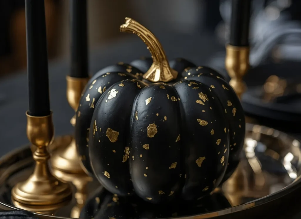 Matte black painted pumpkin decorated with gold leaf flakes and a shiny gold stem on a mirrored tray beside black taper candles in brass holders