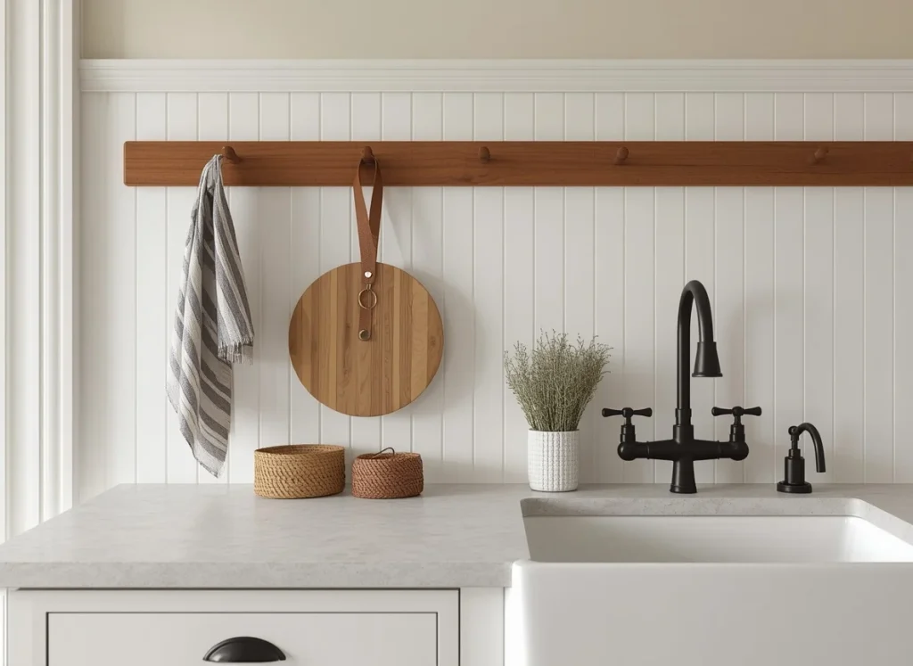 White beadboard kitchen backsplash with a wooden Shaker peg rail holding a striped tea towel and a round cutting board beside a white farmhouse sink