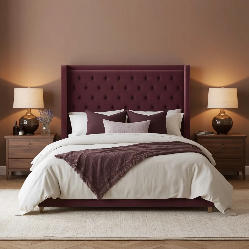 Grown up bedroom with a deep plum velvet headboard, mushroom and ivory linen bedding, a lilac throw, and matching glowing lamps on walnut nightstands