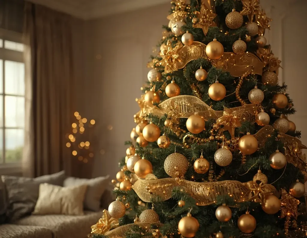 Gold Christmas tree with shiny and glitter gold ornaments, wide gold mesh ribbon, and warm lights in a soft beige living room